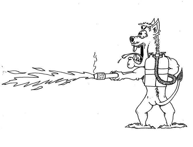 Gremlin with a wild expression on their face while operating a flamethrower